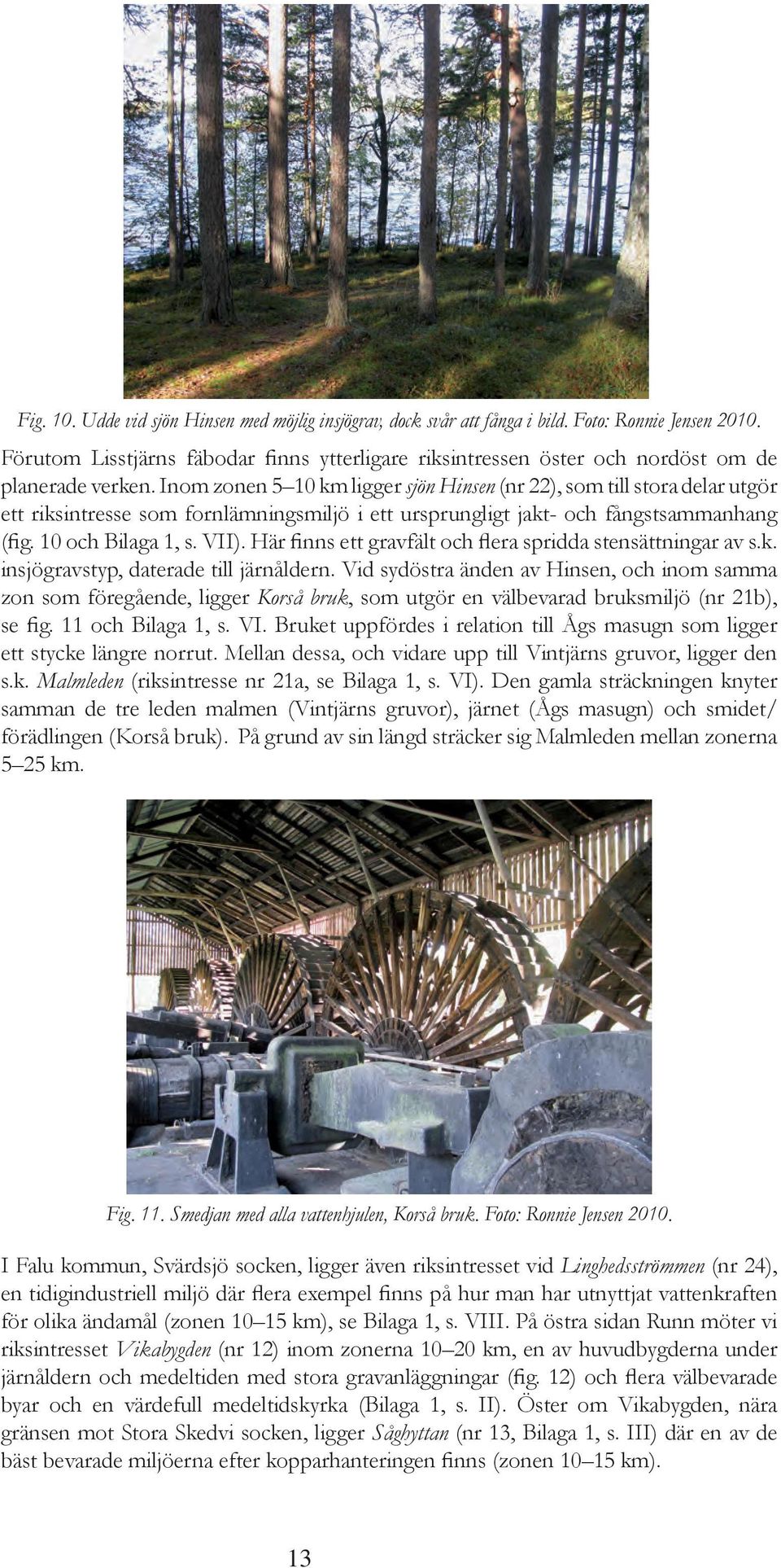 Inom zonen 5 10 km ligger sjön Hinsen (nr 22), som till stora delar utgör ett riksintresse som fornlämningsmiljö i ett ursprungligt jakt- och fångstsammanhang (fig. 10 och Bilaga 1, s. VII).