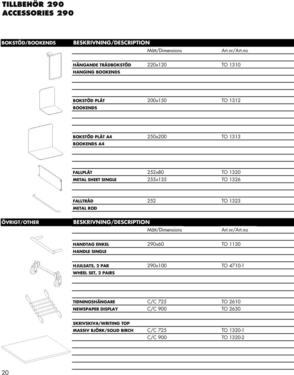 METAL ROD ÖVRIGT/OTHER Mått/Dimensions HANDTAG ENKEL 290x60 TO 1130 HANDLE SINGLE HJULSATS, 2 PAR 290x100 TO 4710-1 WHEEL SET, 2 PAIRS