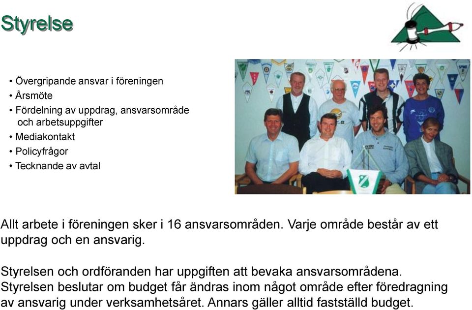 Varje område består av ett uppdrag och en ansvarig. Styrelsen och ordföranden har uppgiften att bevaka ansvarsområdena.