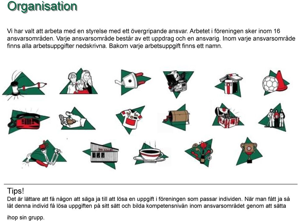 Inom varje ansvarsområde finns alla arbetsuppgifter nedskrivna. Bakom varje arbetsuppgift finns ett namn. Tips!