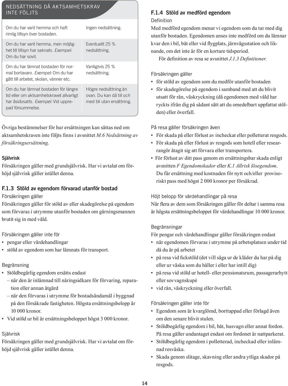 Exempel: Vid upprepad försummelse. Ingen nedsättning. Eventuellt 25 % nedsättning. Vanligtvis 25 % nedsättning. Högre nedsättning än ovan. Du kan då till och med bli utan ersättning. F.1.