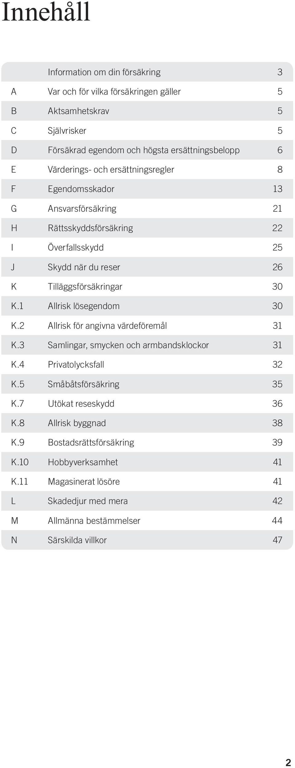 1 Allrisk lösegendom 30 K.2 Allrisk för angivna värdeföremål 31 K.3 Samlingar, smycken och armbandsklockor 31 K.4 Privatolycksfall 32 K.5 Småbåtsförsäkring 35 K.