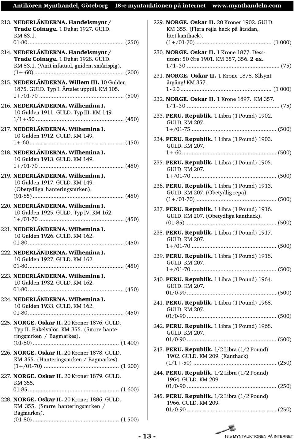 1/1+-50... (450) 217. NEDERLÄNDERNA. Wilhemina I. 10 Gulden 1912. GULD. KM 149. 1+-60... (450) 218. NEDERLÄNDERNA. Wilhemina I. 10 Gulden 1913. GULD. KM 149. 1+/01-70... (450) 219. NEDERLÄNDERNA. Wilhemina I. 10 Gulden 1917.