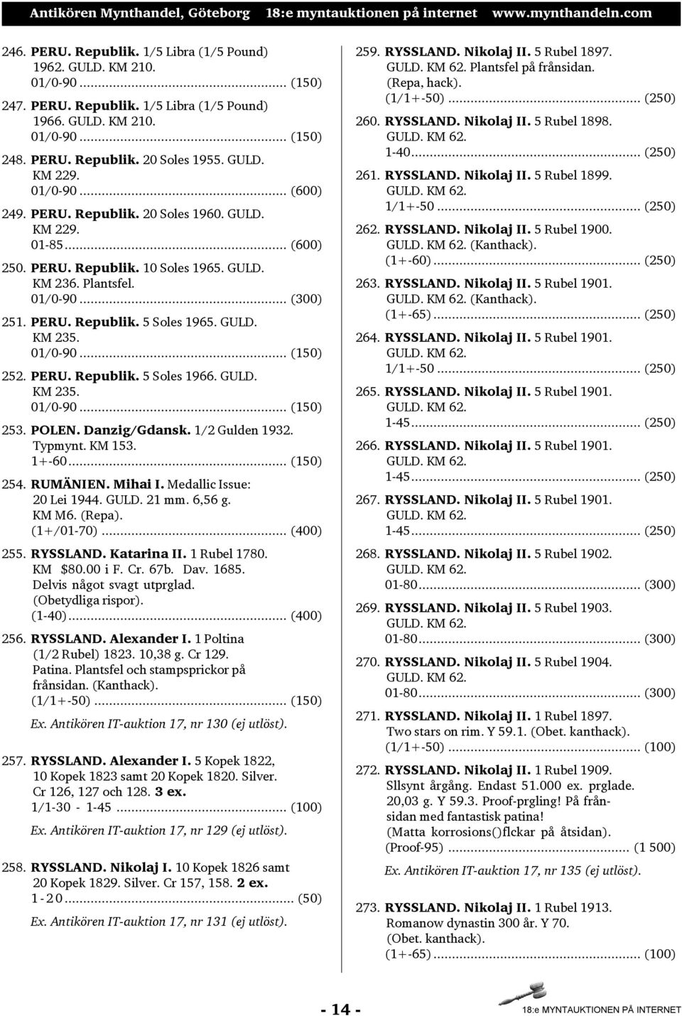 GULD. KM 235. 01/0-90... (150) 252. PERU. Republik. 5 Soles 1966. GULD. KM 235. 01/0-90... (150) 253. POLEN. Danzig/Gdansk. 1/2 Gulden 1932. Typmynt. KM 153. 1+-60... (150) 254. RUMÄNIEN. Mihai I.