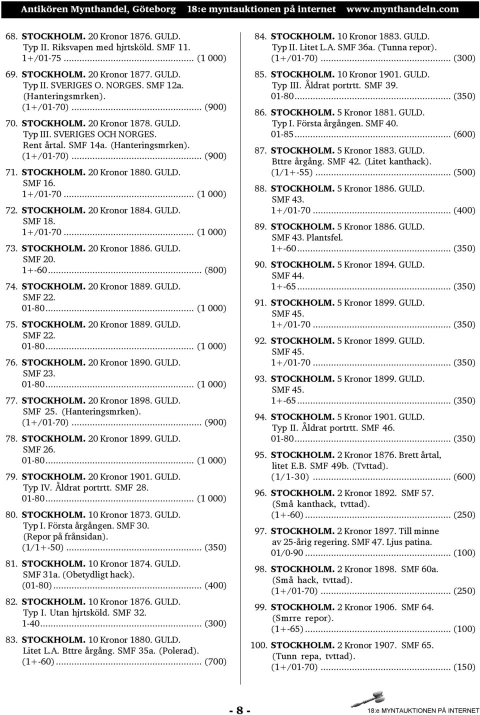 1+/01-70... (1 000) 72. STOCKHOLM. 20 Kronor 1884. GULD. SMF 18. 1+/01-70... (1 000) 73. STOCKHOLM. 20 Kronor 1886. GULD. SMF 20. 1+-60... (800) 74. STOCKHOLM. 20 Kronor 1889. GULD. SMF 22. 01-80.