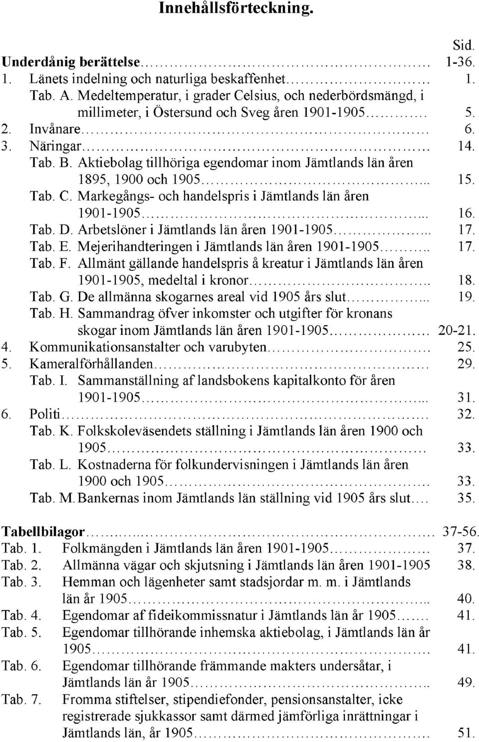 Aktiebolag tillhöriga egendomar inom Jämtlands län åren 1895, 1900 och 1905... 15. Tab. C. Markegångs- och handelspris i Jämtlands län åren 1901-1905... 16. Tab. D.