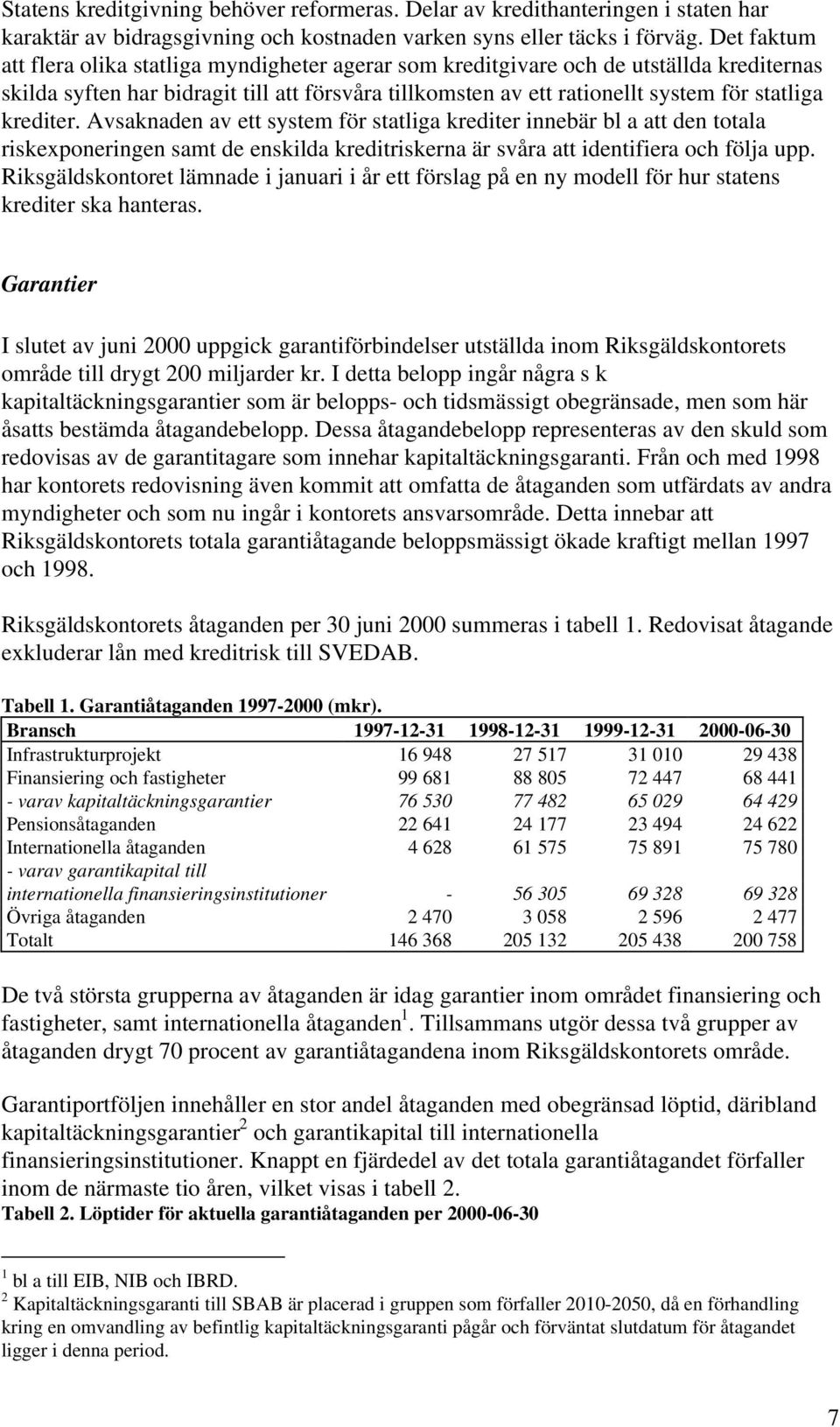 krediter. Avsaknaden av ett system för statliga krediter innebär bl a att den totala riskexponeringen samt de enskilda kreditriskerna är svåra att identifiera och följa upp.