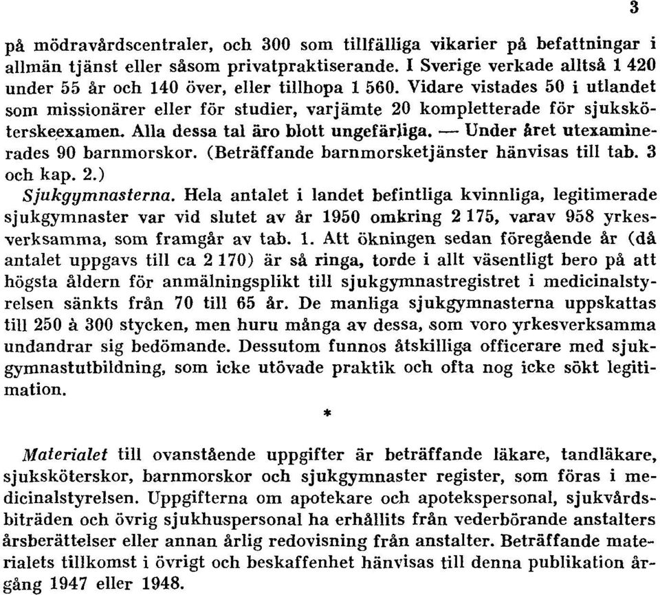 (Beträffande barnmorsketjänster hänvisas till tab. 3 och kap. 2.) Sjukgymnasterna.