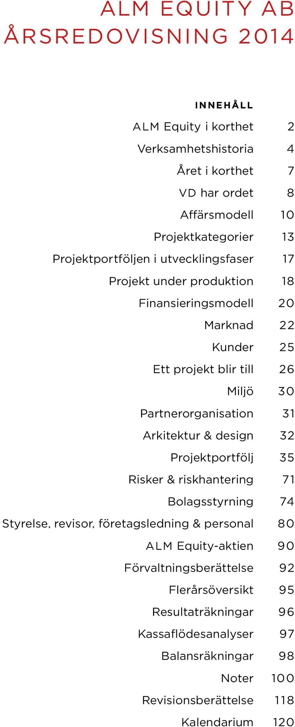 Partnerorganisation 31 Arkitektur & design 32 Projektportfölj 35 Risker & riskhantering 71 Bolagsstyrning 74 Styrelse, revisor, företagsledning & personal 80