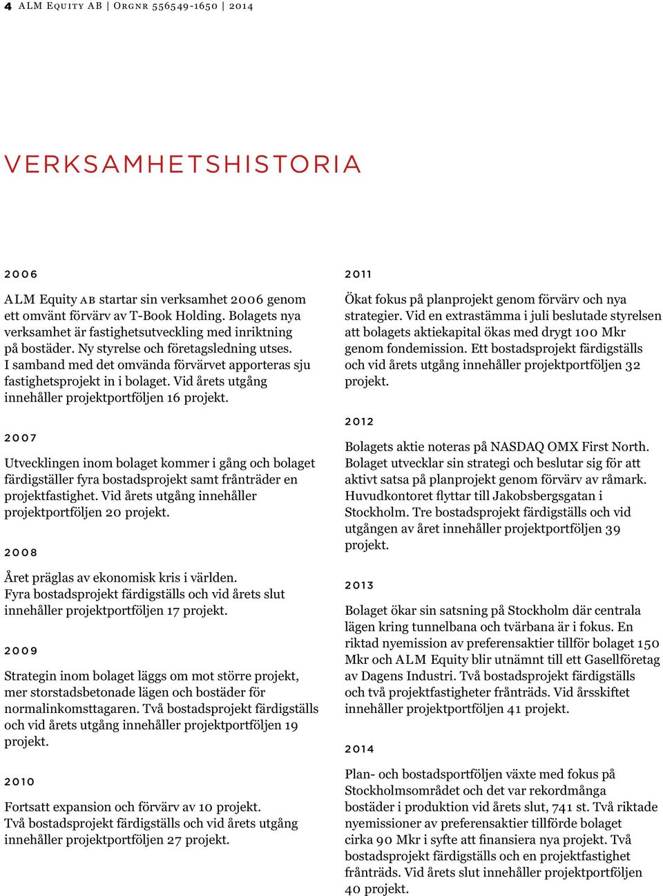 Vid årets utgång innehåller projektportföljen 16 projekt. 2007 Utvecklingen inom bolaget kommer i gång och bolaget färdigställer fyra bostadsprojekt samt frånträder en projektfastighet.