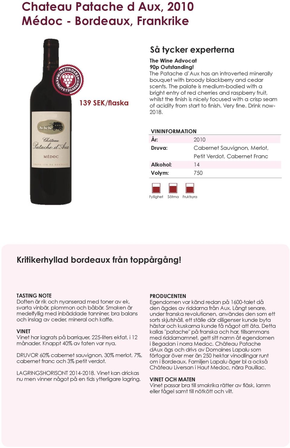 År: 2010 Druva: Cabernet Sauvignon, Merlot, Petit Verdot, Cabernet Franc Fyllighet Sötma Fruktsyra Kritikerhyllad bordeaux från toppårgång!