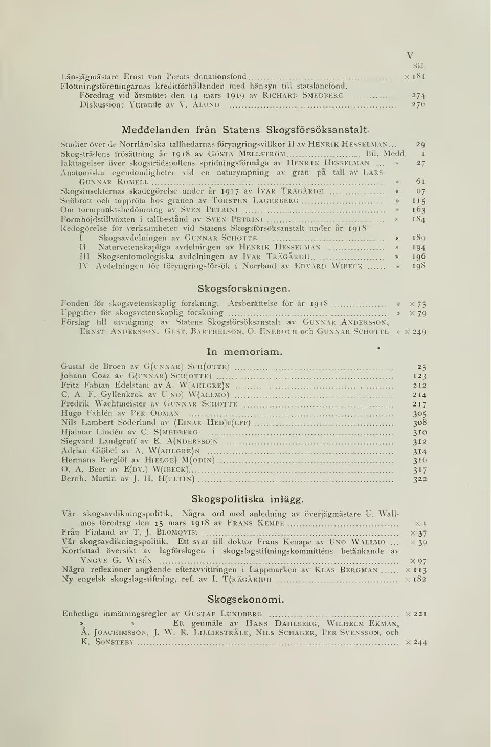 .. 29 Skogsträdens frösättning år 1918 av GöSTA Mells TRciM Bil. Medd. 1 Iakttagelser över skogsträdspollens spridningsförmåga av Henrik Hesselman.