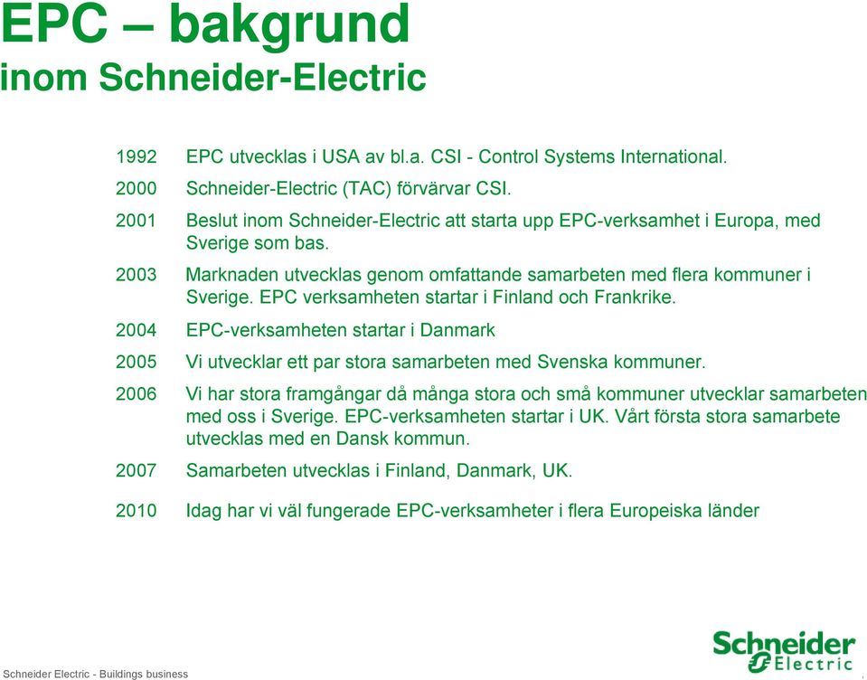 EPC verksamheten startar i Finland och Frankrike. 2004 EPC-verksamheten startar i Danmark 2005 Vi utvecklar ett par stora samarbeten med Svenska kommuner.