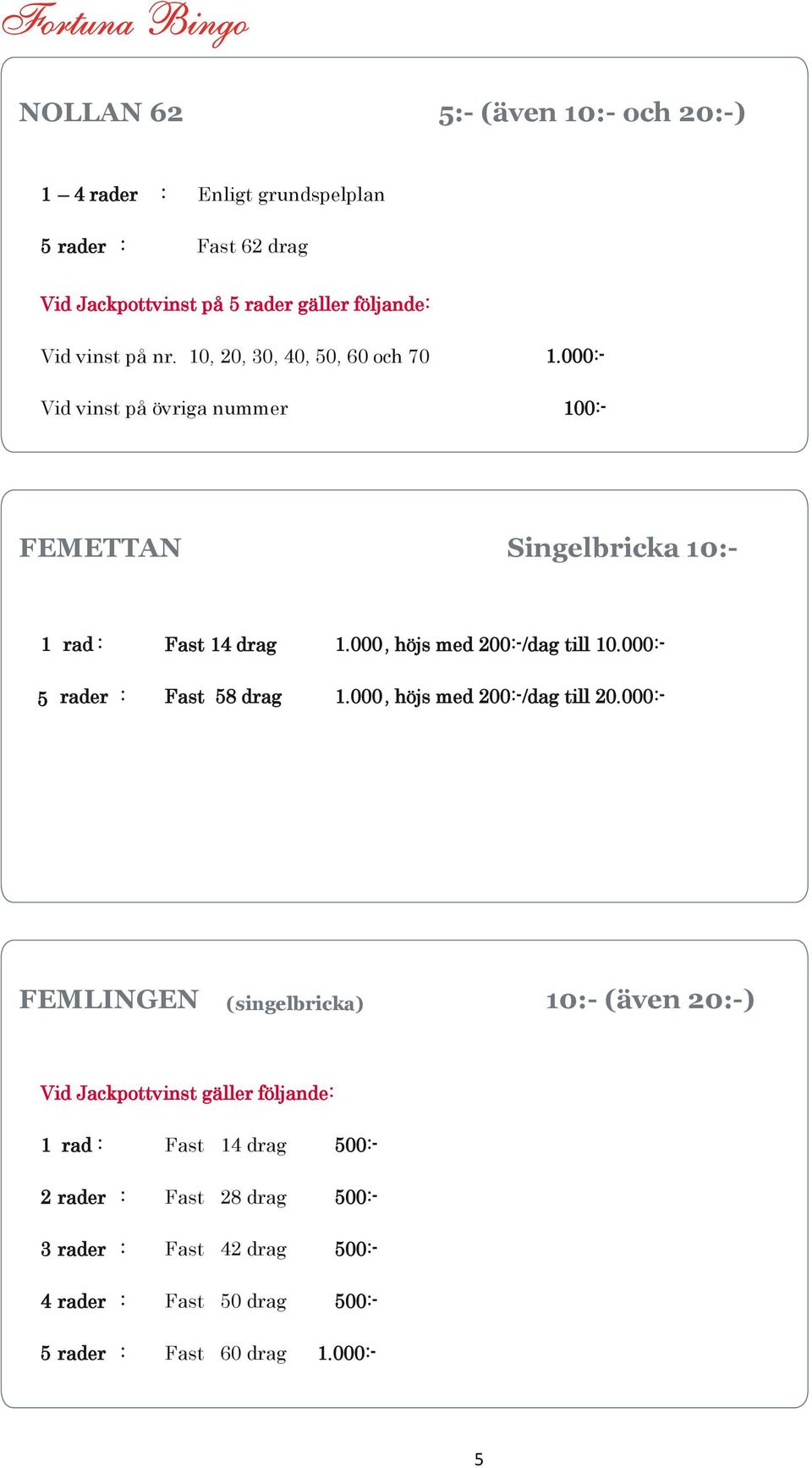 000, höjs med 200:-/dag till 10.000:- 52 rader : Fast 58 drag 1.000, höjs med 200:-/dag till 20.