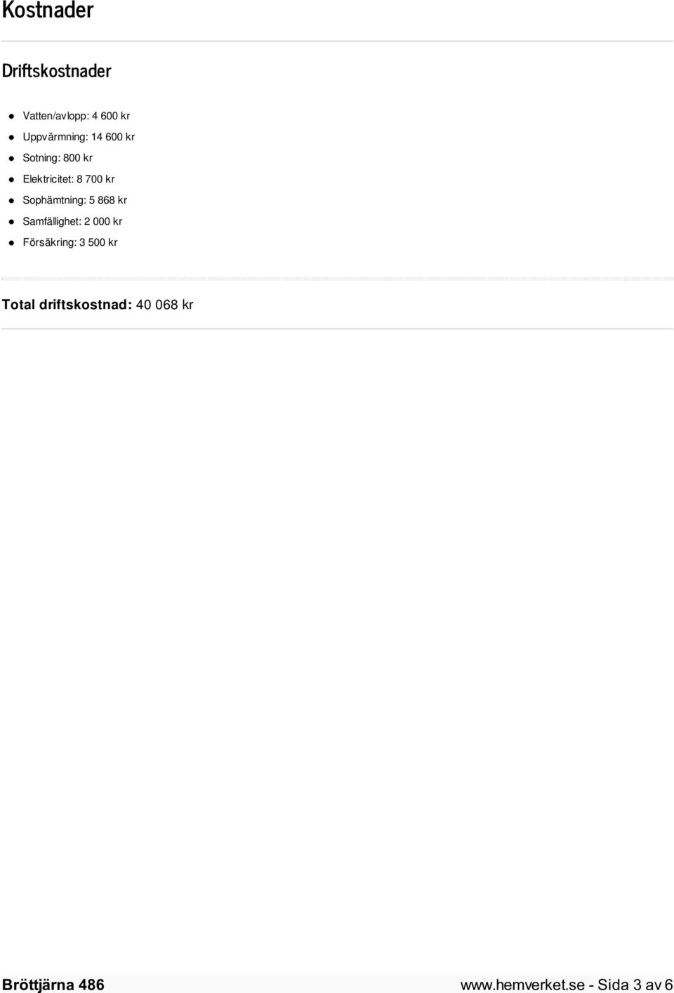 kr Sophämtning: 5 868 kr Samfällighet: 2 000 kr Försäkring: