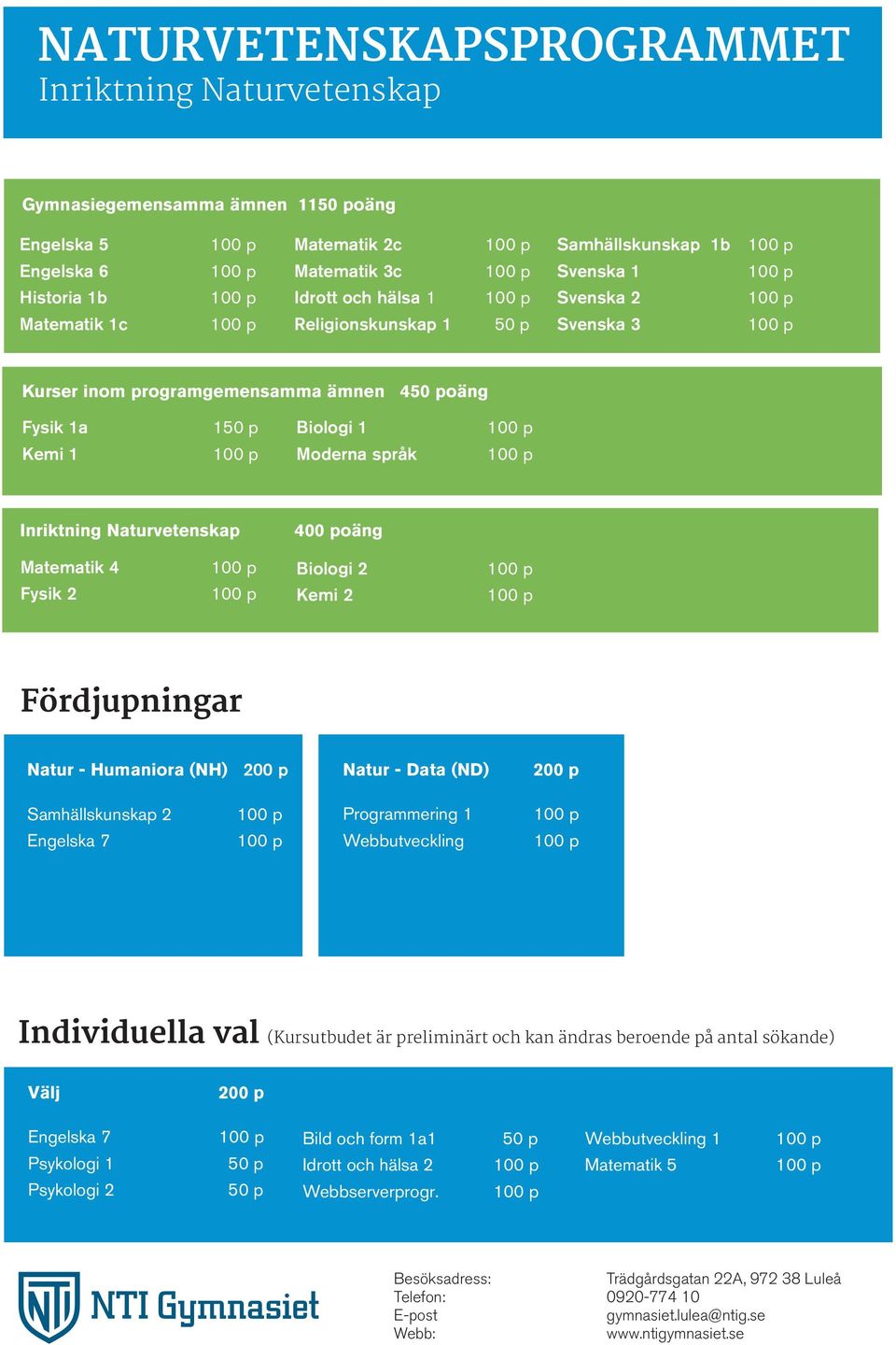 Naturvetenskap 400 poäng Matematik 4 Fysik 2 Biologi 2 Kemi 2 Fördjupningar Natur - Humaniora (NH) Natur - Data (ND) Samhällskunskap 2 Programmering 1 Webbutveckling