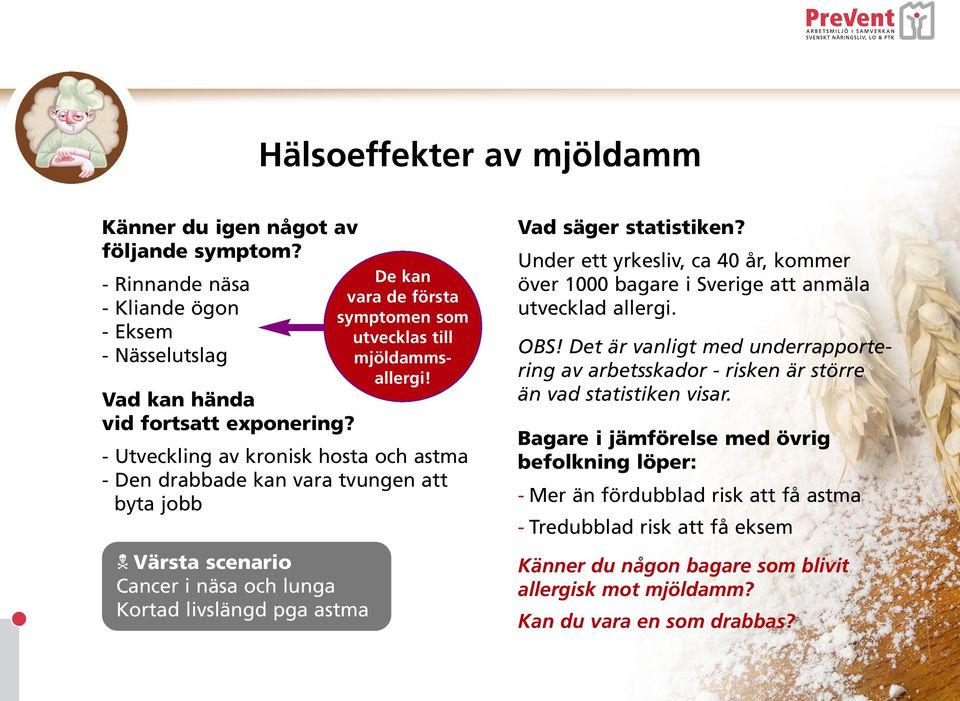 till mjöldammsallergi! Vad säger statistiken? Under ett yrkesliv, ca 40 år, kommer över 1000 bagare i Sverige att anmäla utvecklad allergi. OBS!