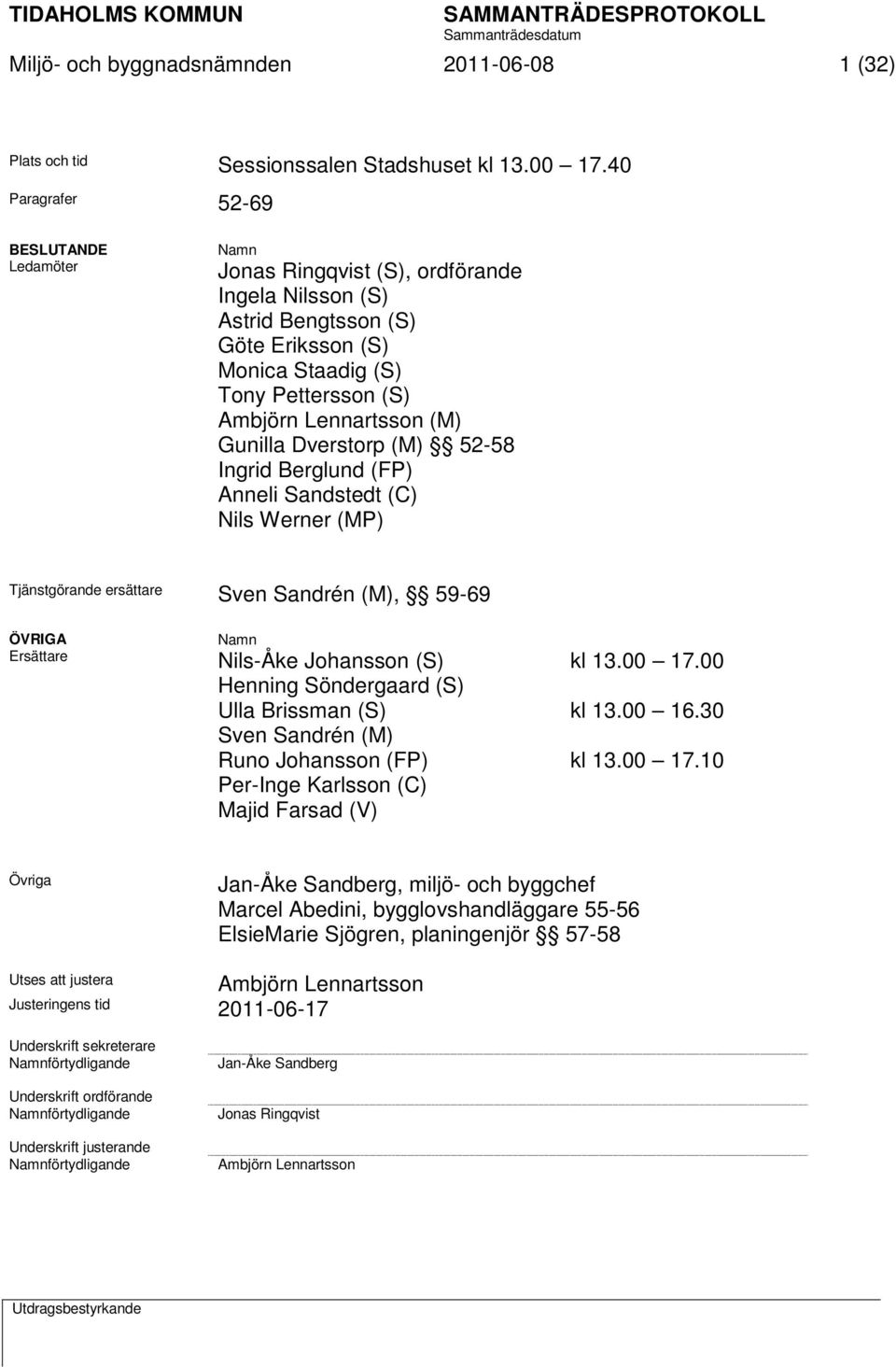 Gunilla Dverstorp (M) 52-58 Ingrid Berglund (FP) Anneli Sandstedt (C) Nils Werner (MP) Tjänstgörande ersättare Sven Sandrén (M), 59-69 ÖVRIGA Namn Ersättare Nils-Åke Johansson (S) kl 13.00 17.