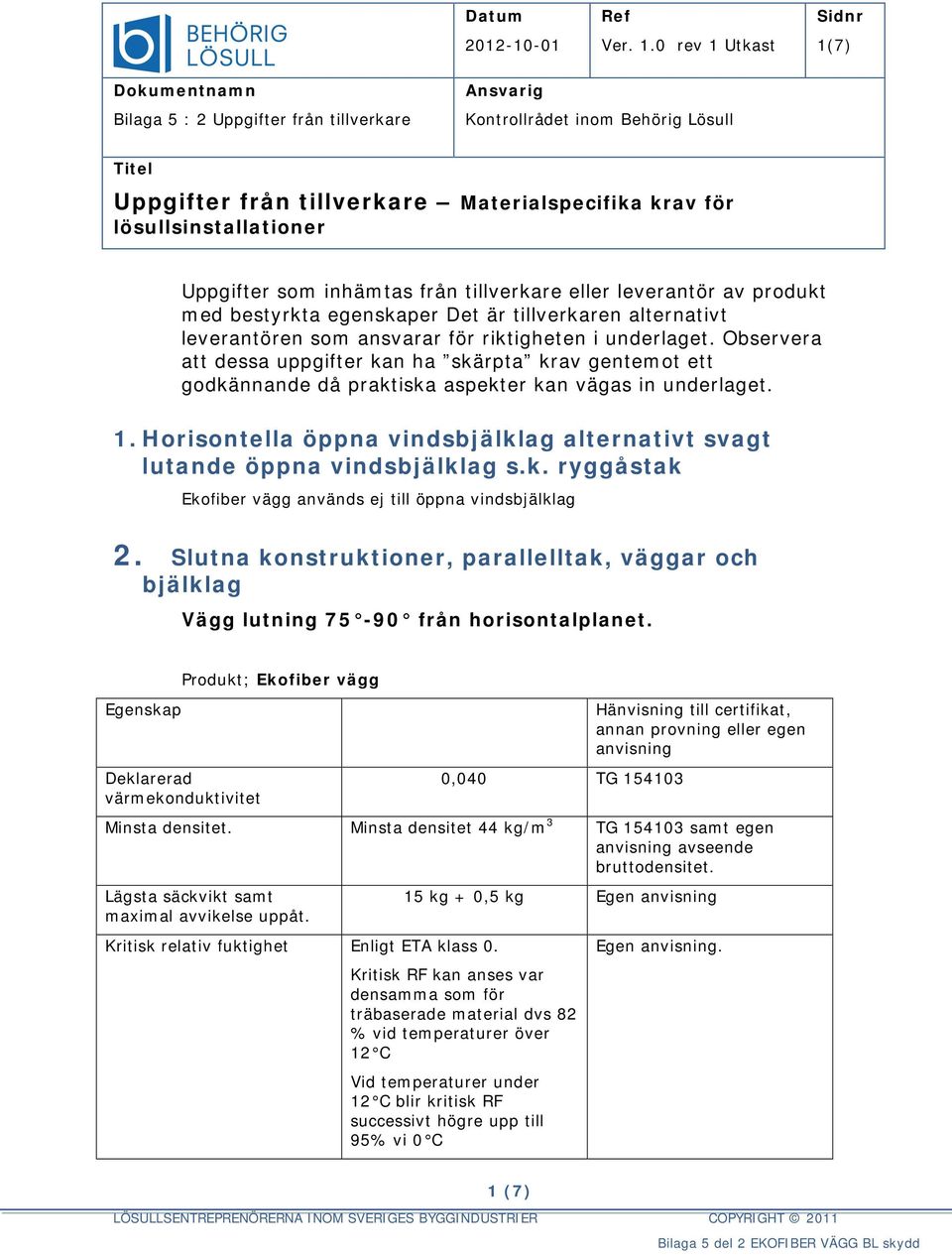 Horisontella öppna vindsbjälklag alternativt svagt lutande öppna vindsbjälklag s.k. ryggåstak Ekofiber vägg används ej till öppna vindsbjälklag 2.