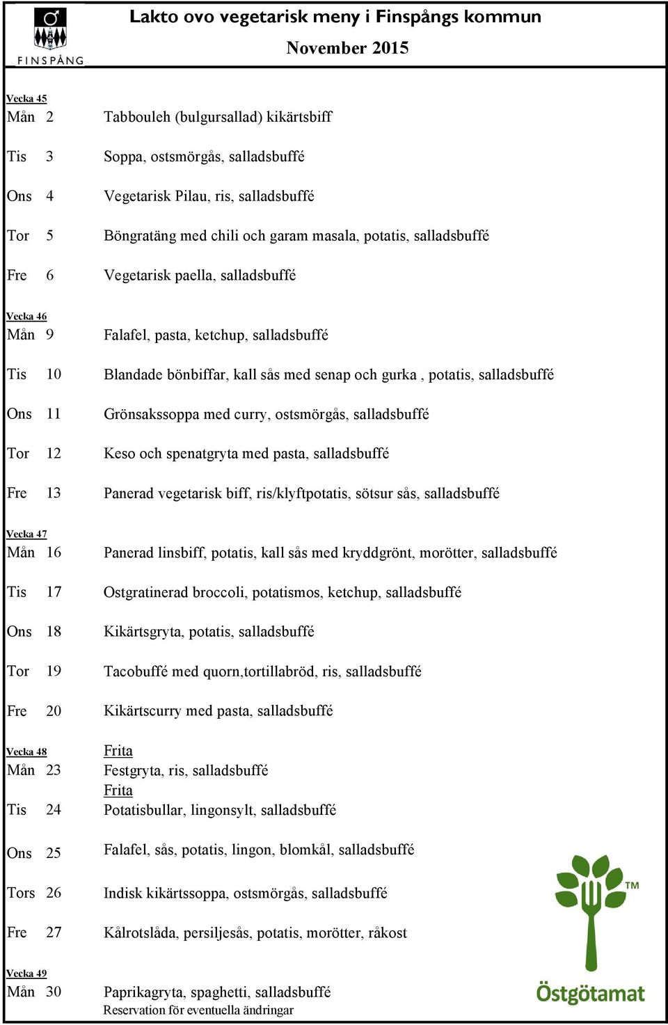 Grönsakssoppa med curry, ostsmörgås, salladsbuffé Tor 12 Keso och spenatgryta med pasta, salladsbuffé Fre 13 Panerad vegetarisk biff, ris/klyftpotatis, sötsur sås, salladsbuffé Vecka 47 Mån 16