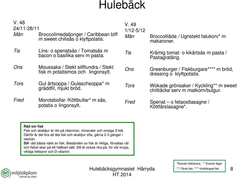 Greenburger / Fiskburgare**** m bröd, dressing o klyftpotatis. Gul ärtsoppa / Gulaschsoppa* m gräddfil, mjukt bröd.