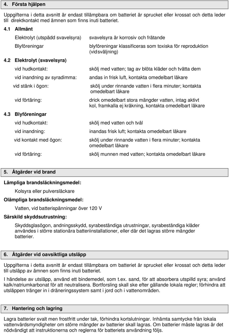 2 Elektrolyt (svavelsyra) vid hudkontakt: vid inandning av syradimma: vid stänk i ögon: vid förtäring: 4.