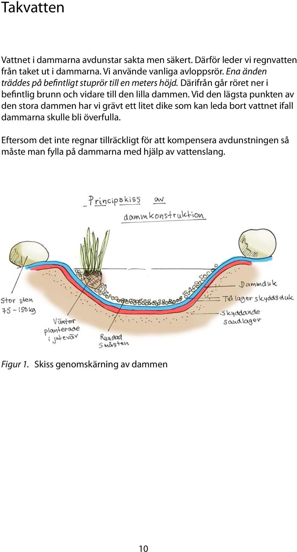 Vid den lägsta punkten av den stora dammen har vi grävt ett litet dike som kan leda bort vattnet ifall dammarna skulle bli överfulla.