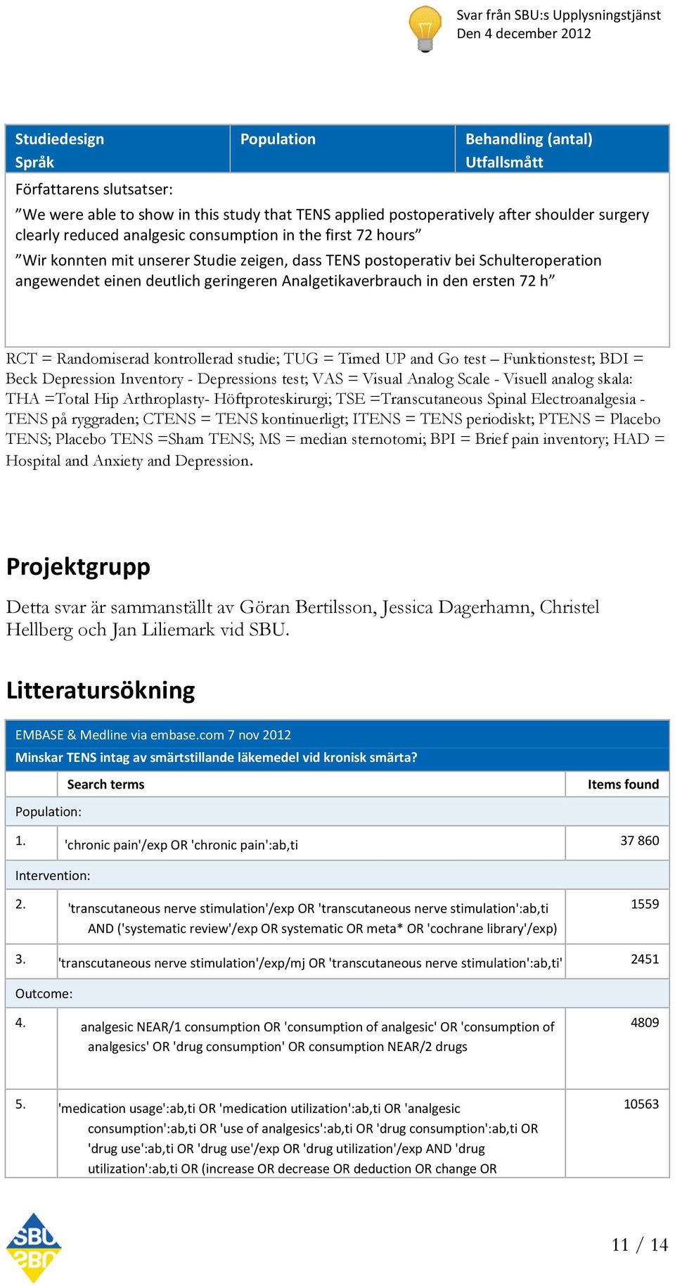 kontrollerad studie; TUG = Timed UP and Go test Funktionstest; BDI = Beck Depression Inventory - Depressions test; VAS = Visual Analog Scale - Visuell analog skala: THA =Total Hip Arthroplasty-