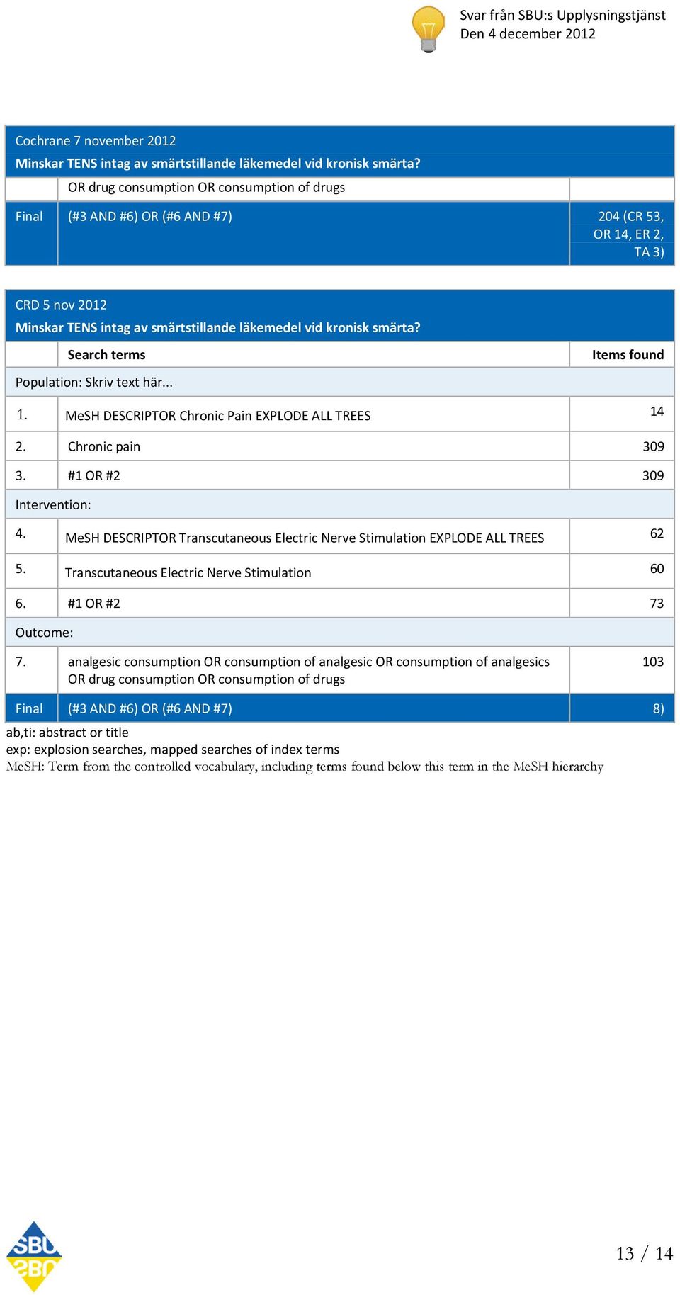 Search terms Population: Skriv text här... Items found 1. MeSH DESCRIPTOR Chronic Pain EXPLODE ALL TREES 14 2. Chronic pain 309 3. #1 OR #2 309 Intervention: 4.