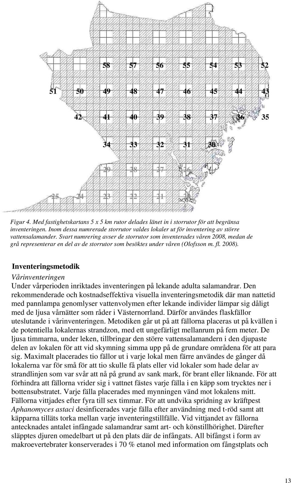 Svart numrering avser de storrutor som inventerades våren 2008, medan de grå representerar en del av de storrutor som besöktes under våren (Olofsson m. fl. 2008).