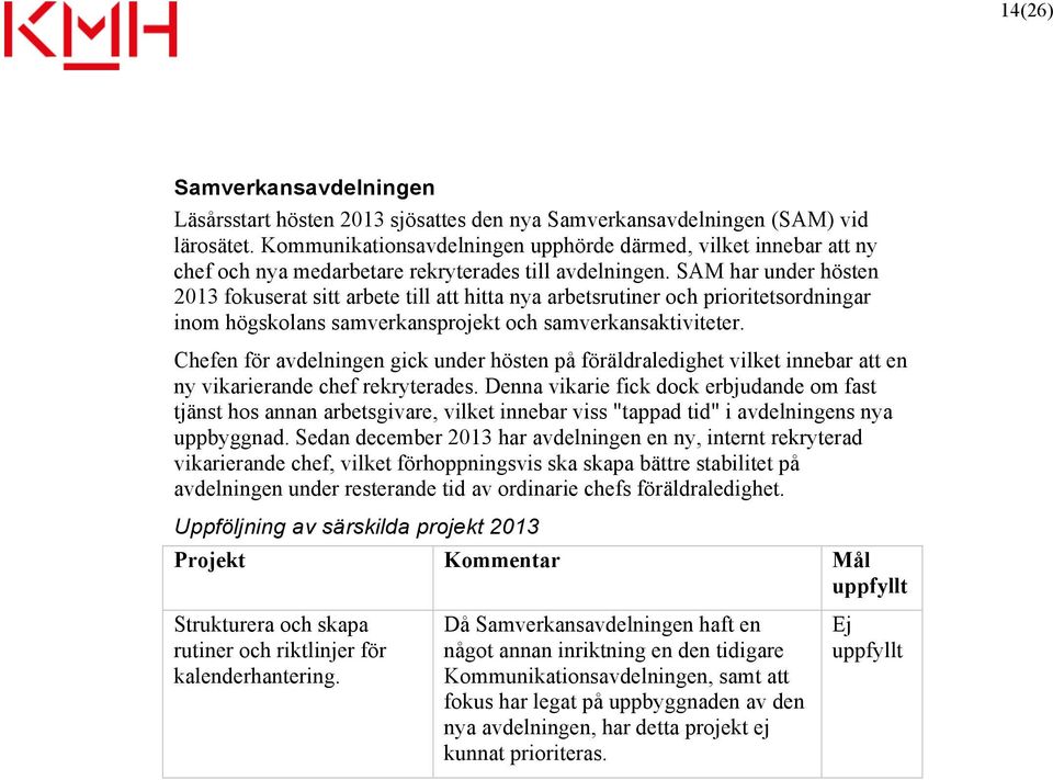 SAM har under hösten 2013 fokuserat sitt arbete till att hitta nya arbetsrutiner och prioritetsordningar inom högskolans samverkansprojekt och samverkansaktiviteter.