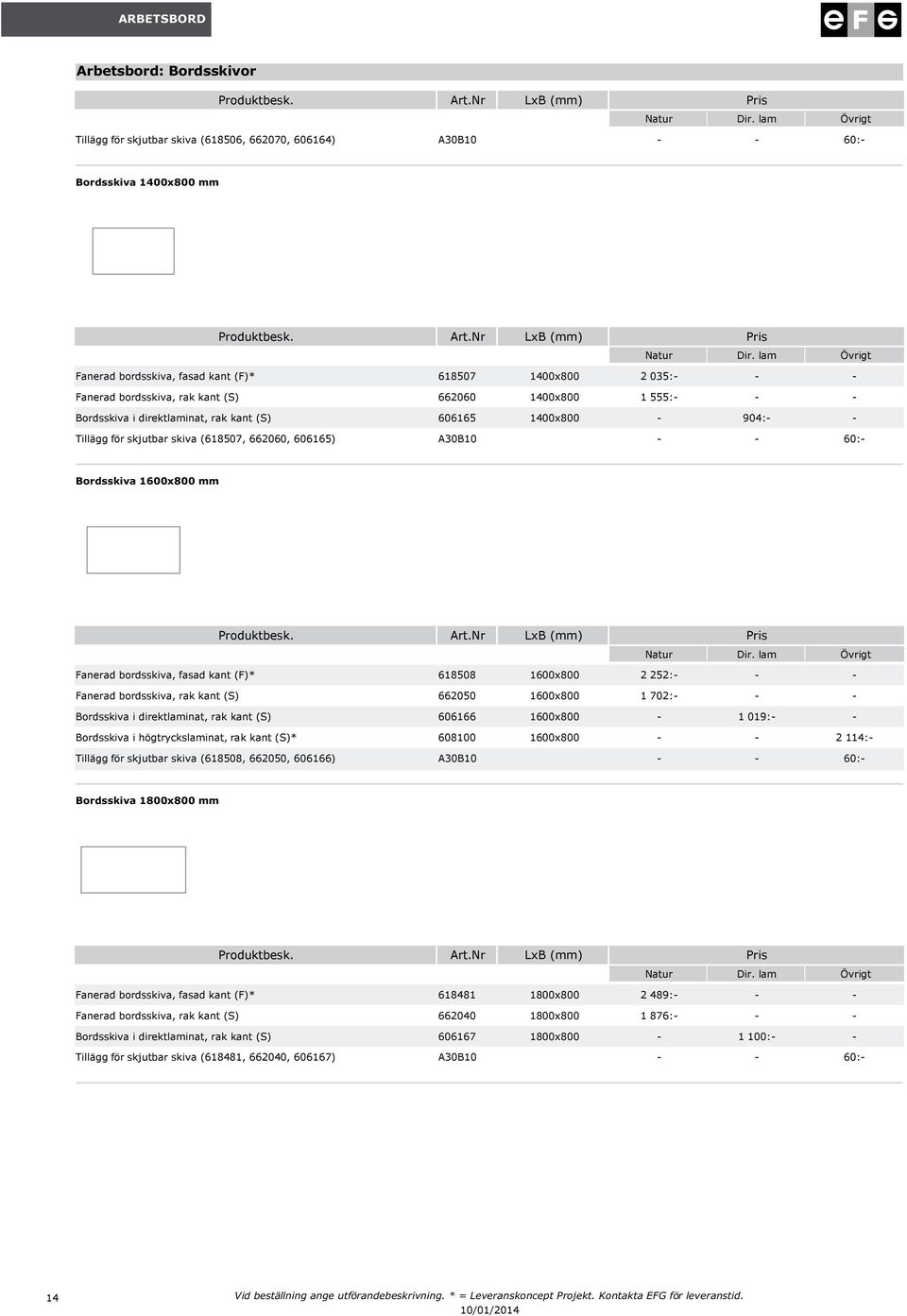 1400x800-904:- - Tillägg för skjutbar skiva (618507, 662060, 606165) A30B10 - - 60:- Bordsskiva 1600x800 mm Produktbesk ArtNr LxB (mm) Pris Natur Dir lam Fanerad bordsskiva, fasad kant (F)* 618508