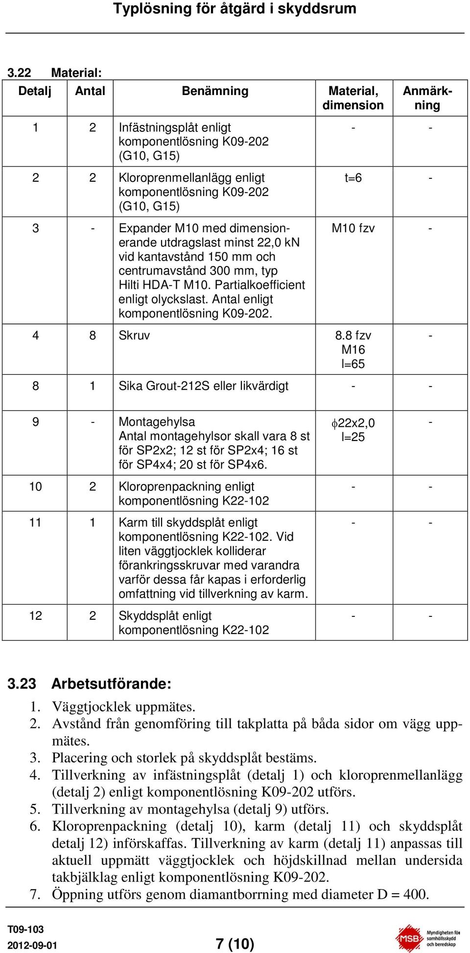 4 8 Skruv 8.8 fzv M16 l=65 Anmärkning t=6 M10 fzv 8 1 Sika Grout212S eller likvärdigt 9 Montagehylsa Antal montagehylsor skall vara 8 st för SP2x2; 12 st för SP2x4; 16 st för SP4x4; 20 st för SP4x6.