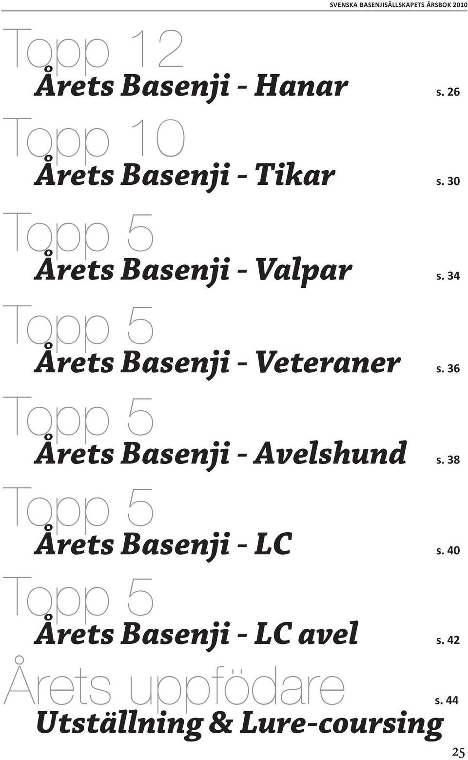 34 topp 5 Årets Basenji - Veteraner s. 36 topp 5 Årets Basenji - Avelshund s.