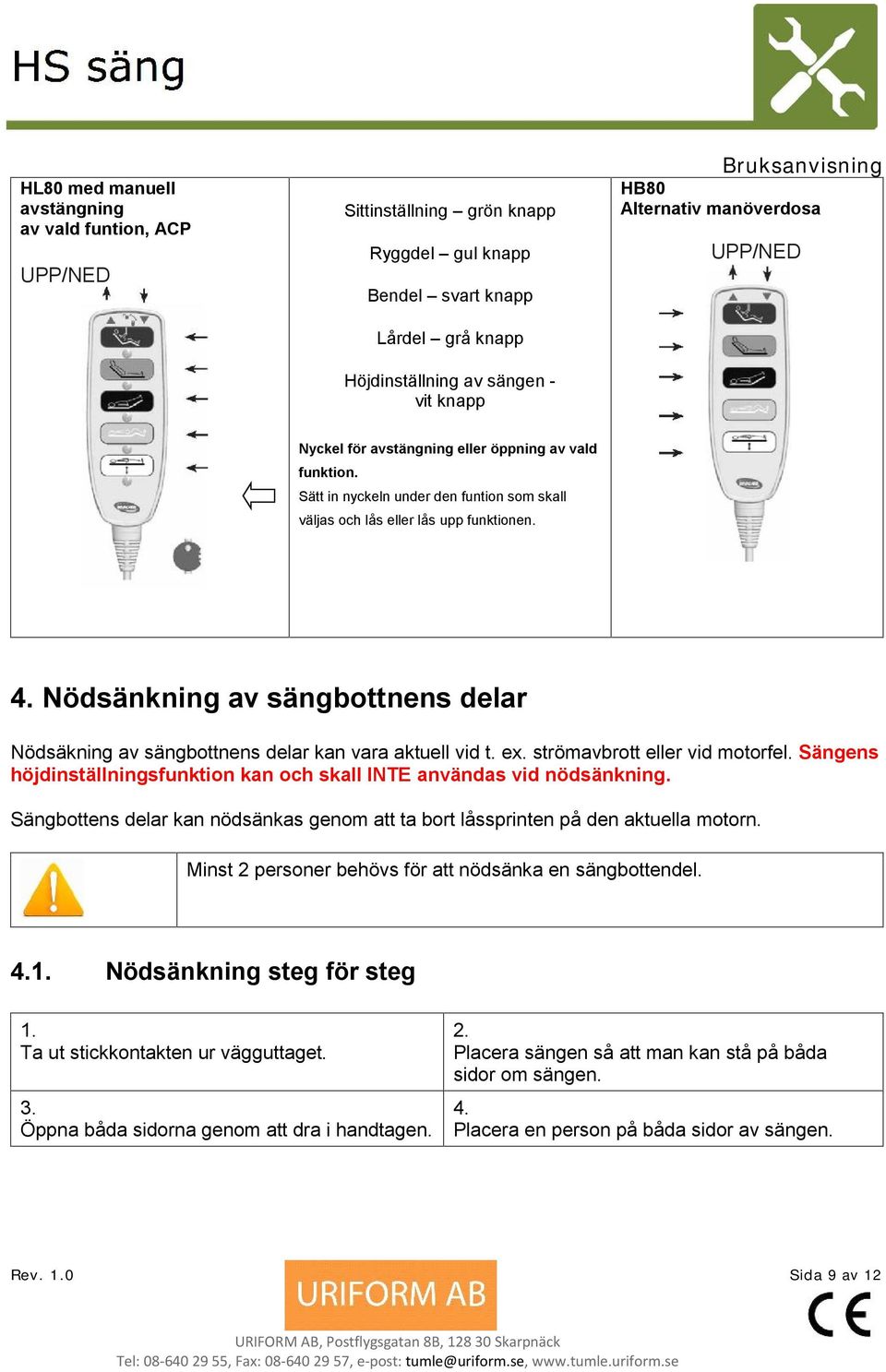 Nödsänkning av sängbottnens delar Nödsäkning av sängbottnens delar kan vara aktuell vid t. ex. strömavbrott eller vid motorfel.