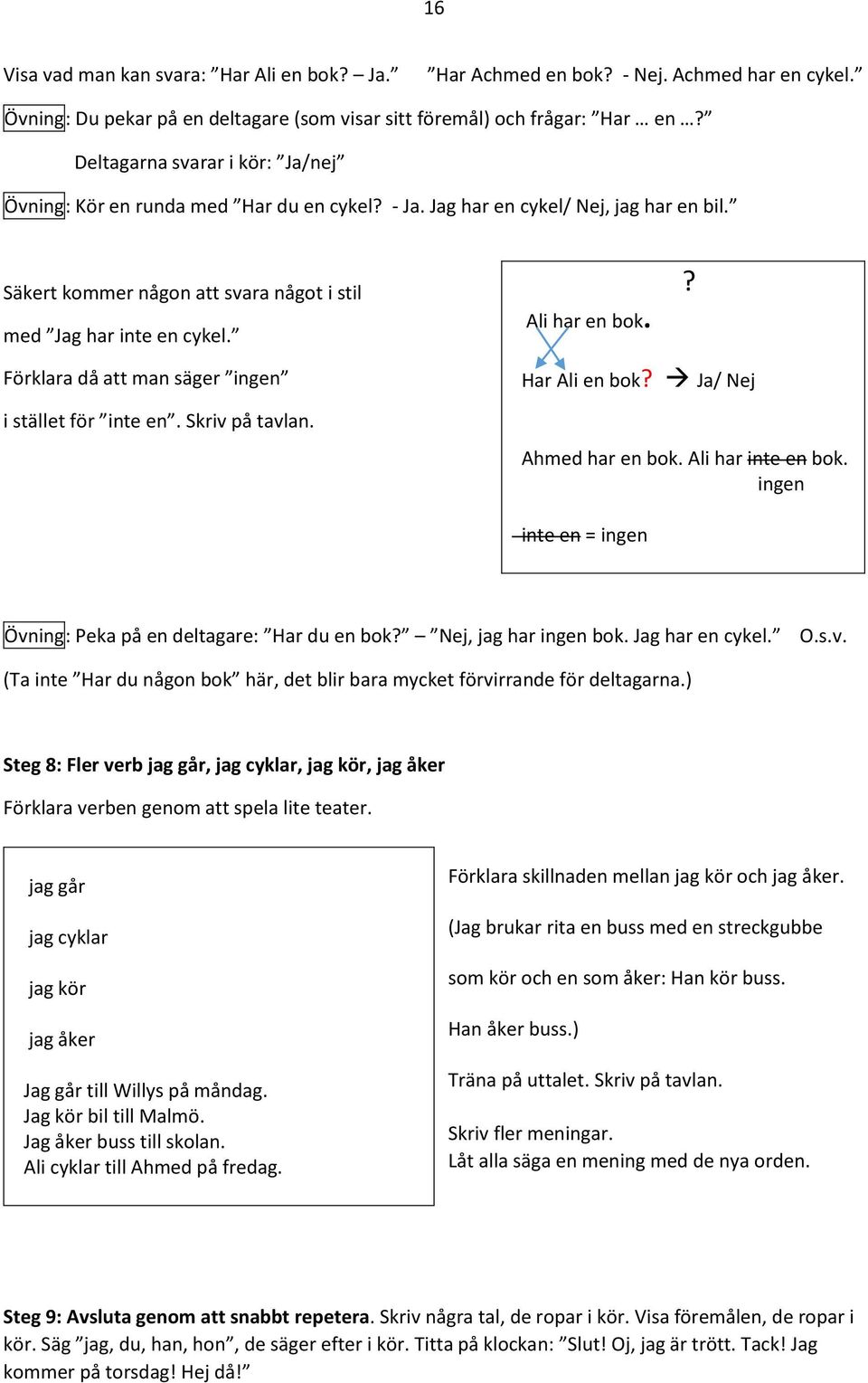 Ali har en bok.? Förklara då att man säger ingen i stället för inte en. Skriv på tavlan. Har Ali en bok? Ja/ Nej Ahmed har en bok. Ali har inte en bok.