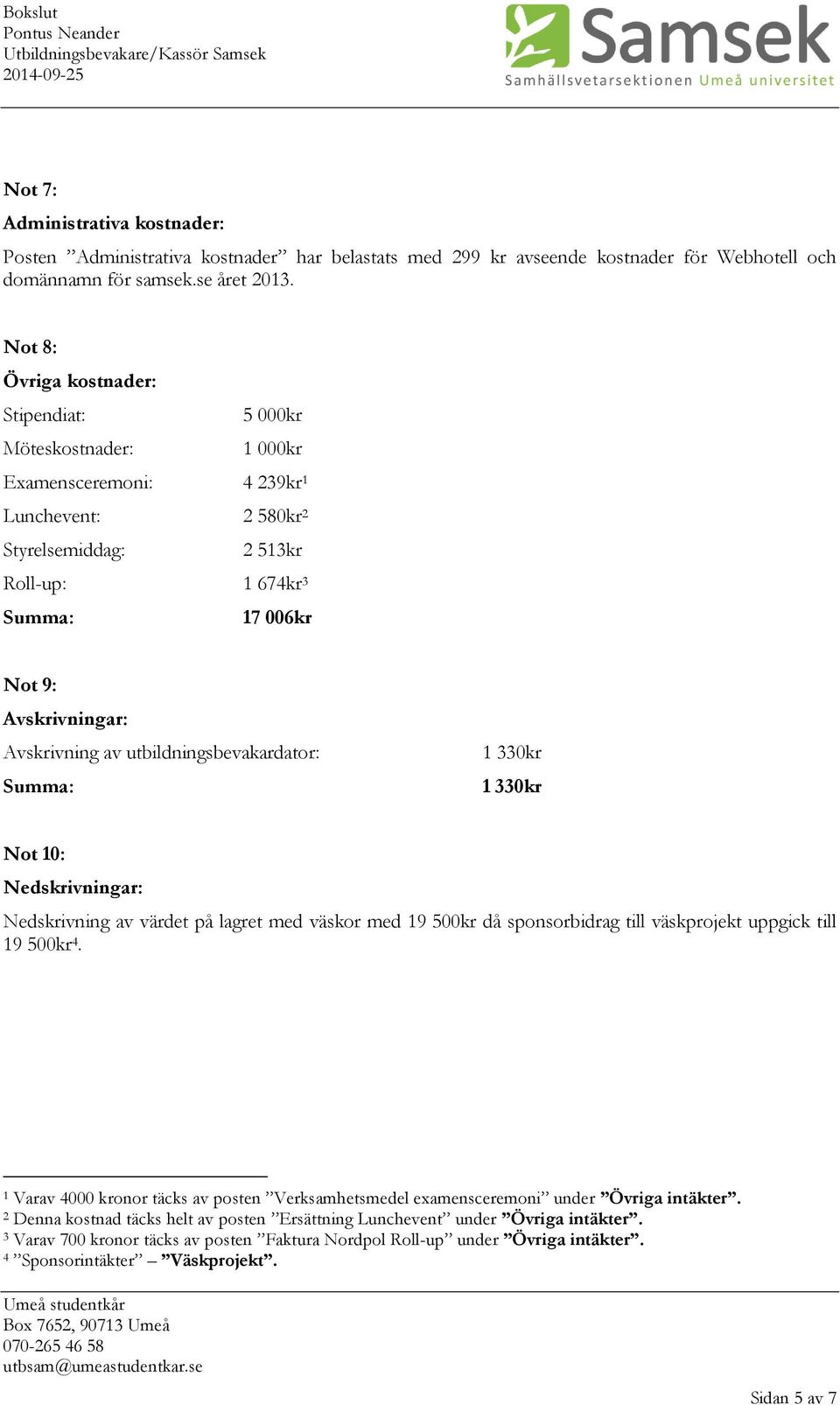 Not 8: Övriga kostnader: Stipendiat: 5 000kr Möteskostnader: 1 000kr Examensceremoni: 4 239kr 1 Lunchevent: 2 580kr 2 Styrelsemiddag: 2 513kr Roll-up: 1 674kr 3 17 006kr Not 9: Avskrivningar: