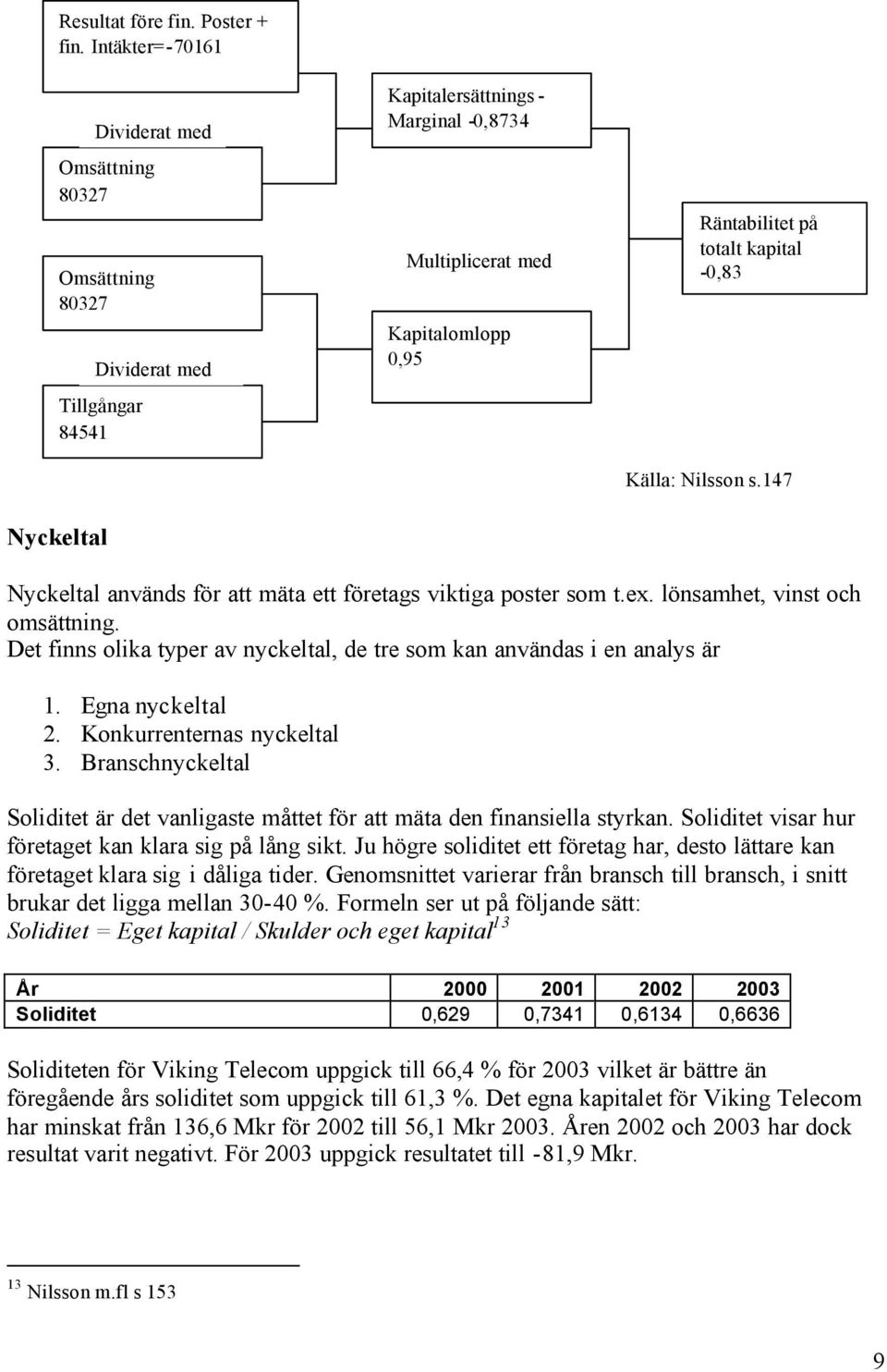 kapital -0,83 Källa: Nilsson s.147 Nyckeltal Nyckeltal används för att mäta ett företags viktiga poster som t.ex. lönsamhet, vinst och omsättning.