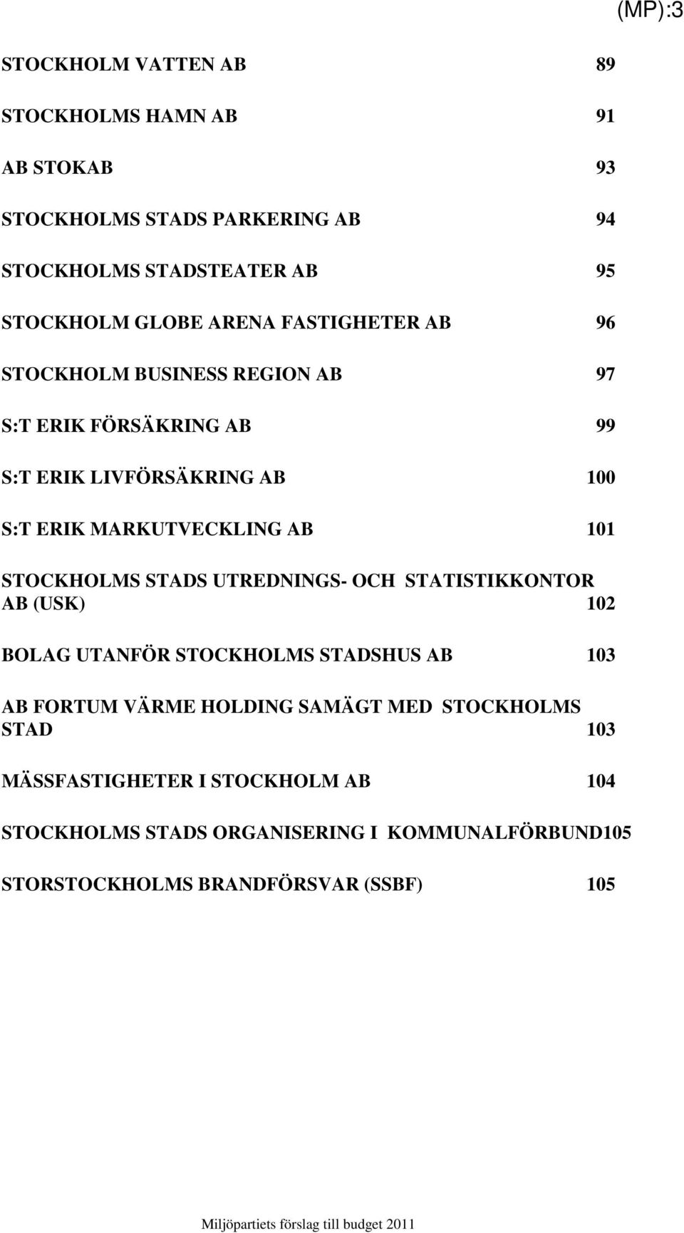 STOCKHOLMS STADS UTREDNINGS- OCH STATISTIKKONTOR AB (USK) 102 BOLAG UTANFÖR STOCKHOLMS STADSHUS AB 103 AB FORTUM VÄRME HOLDING SAMÄGT MED