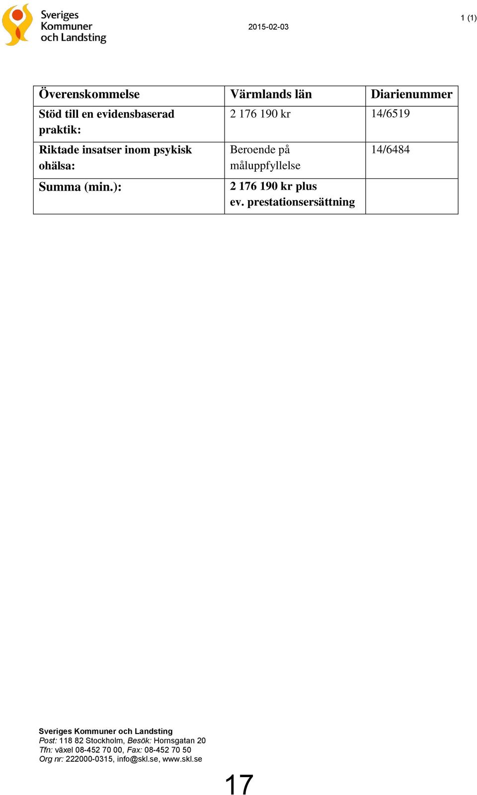 ): 2 176 190 kr 14/6519 Beroende på måluppfyllelse 2 176 190 kr plus ev.