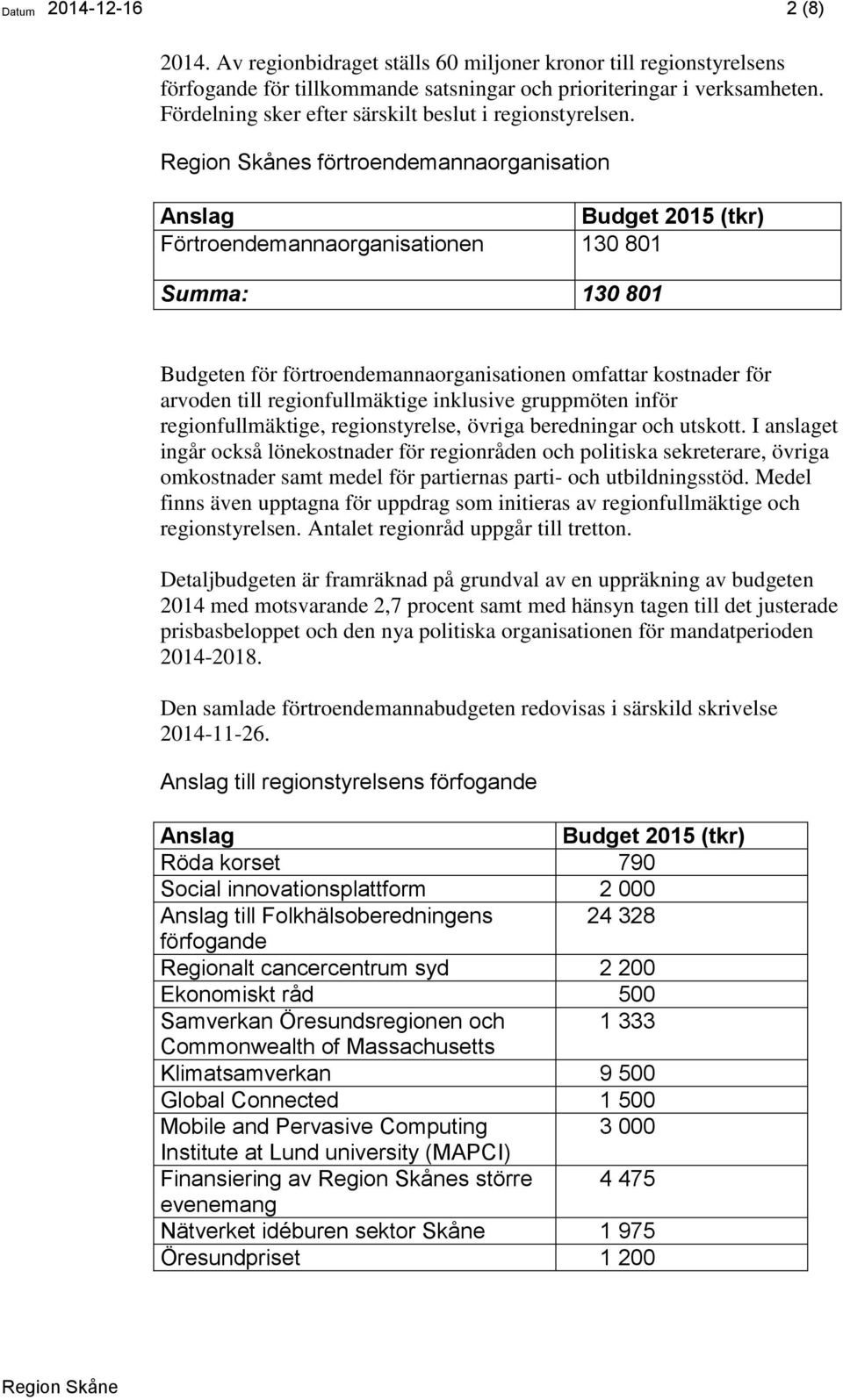 s förtroendemannaorganisation Anslag Budget 2015 (tkr) Förtroendemannaorganisationen 130 801 Summa: 130 801 Budgeten för förtroendemannaorganisationen omfattar kostnader för arvoden till