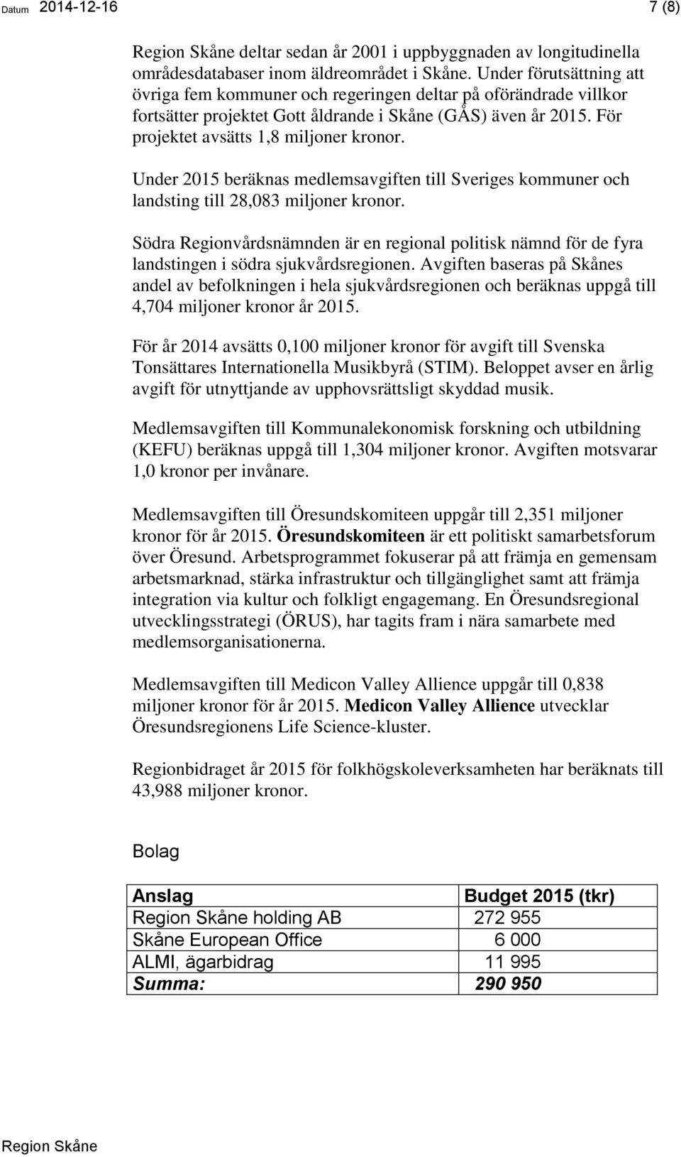 Under 2015 beräknas medlemsavgiften till Sveriges kommuner och landsting till 28,083 miljoner kronor.