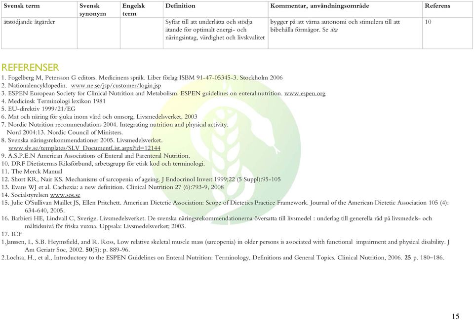 ESPEN European Society for Clinical Nutrition and Metabolism. ESPEN guidelines on enteral nutrition. www.espen.org 4. Medicinsk Terminologi lexikon 1981 5. EU-direktiv 1999/21/EG 6.