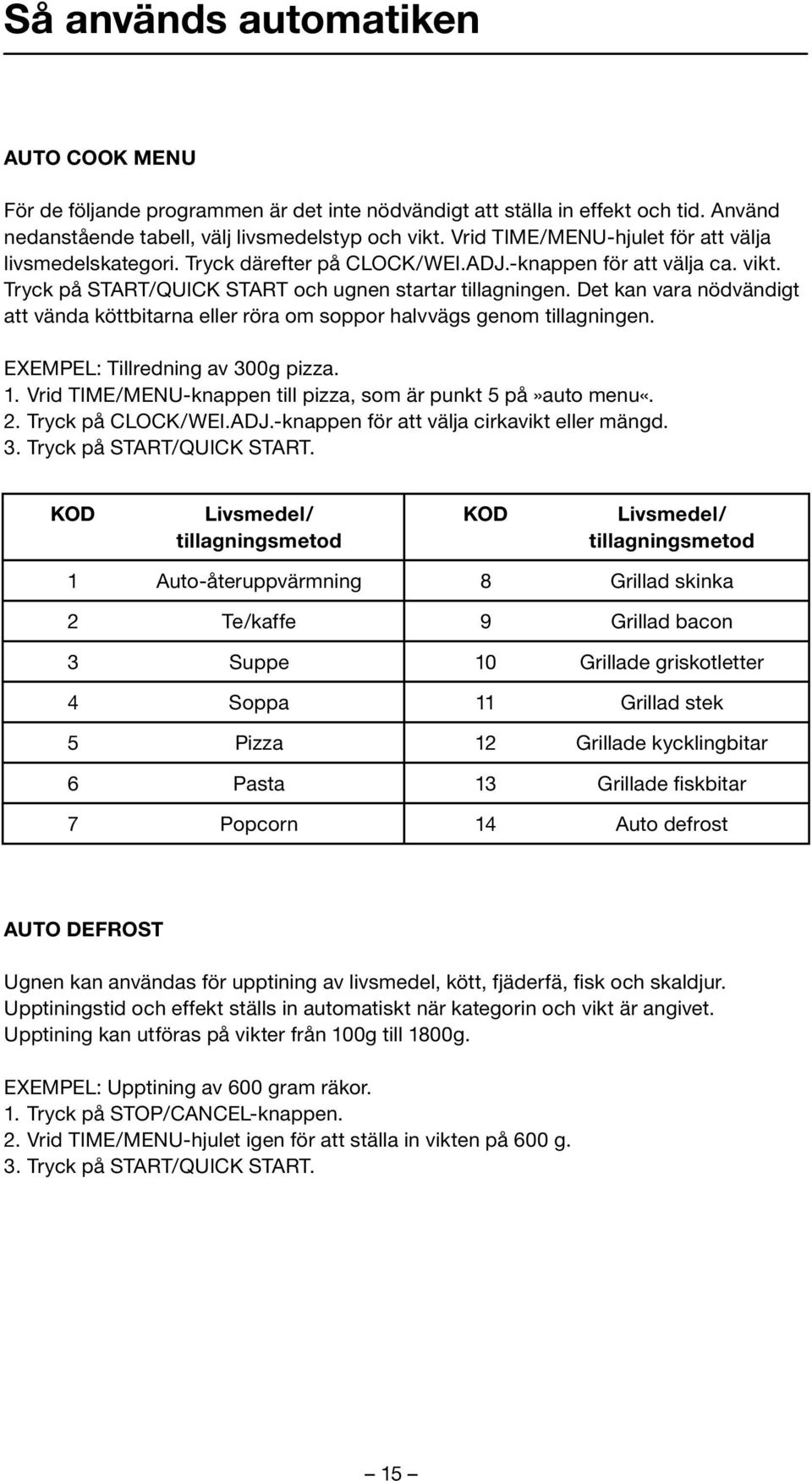 Det kan vara nödvändigt att vända köttbitarna eller röra om soppor halvvägs genom tillagningen. EXEMPEL: Tillredning av 300g pizza. 1. Vrid TIME/MENU-knappen till pizza, som är punkt 5 på»auto menu«.