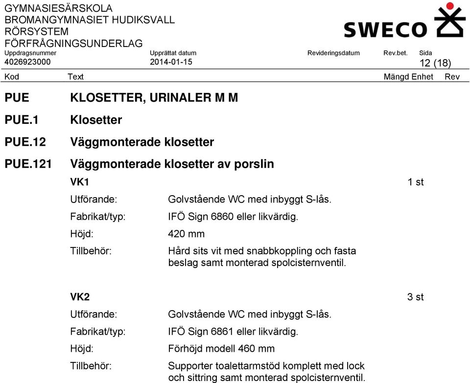 Golvstående WC med inbyggt S-lås. IFÖ Sign 6860 eller likvärdig.