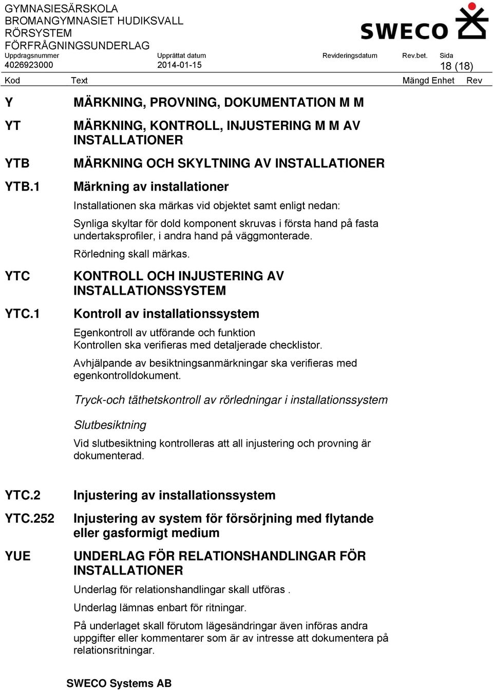 objektet samt enligt nedan: Synliga skyltar för dold komponent skruvas i första hand på fasta undertaksprofiler, i andra hand på väggmonterade. Rörledning skall märkas.