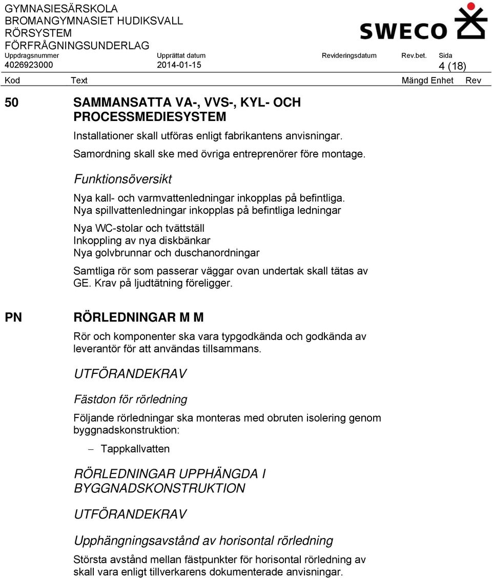 Nya spillvattenledningar inkopplas på befintliga ledningar Nya WC-stolar och tvättställ Inkoppling av nya diskbänkar Nya golvbrunnar och duschanordningar Samtliga rör som passerar väggar ovan