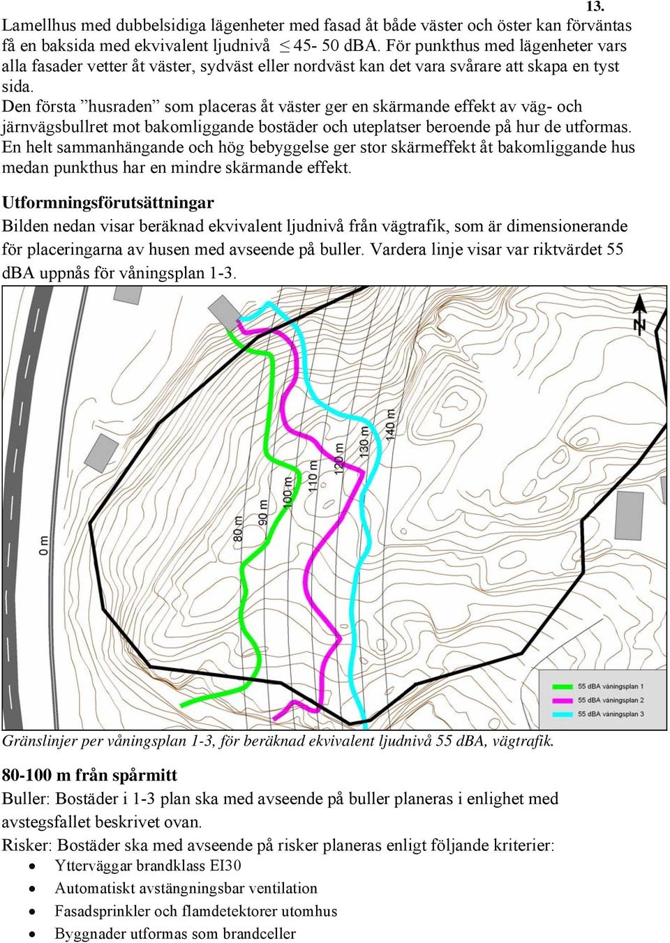 Den första husraden som placeras åt väster ger en skärmande effekt av väg- och järnvägsbullret mot bakomliggande bostäder och uteplatser beroende på hur de utformas.