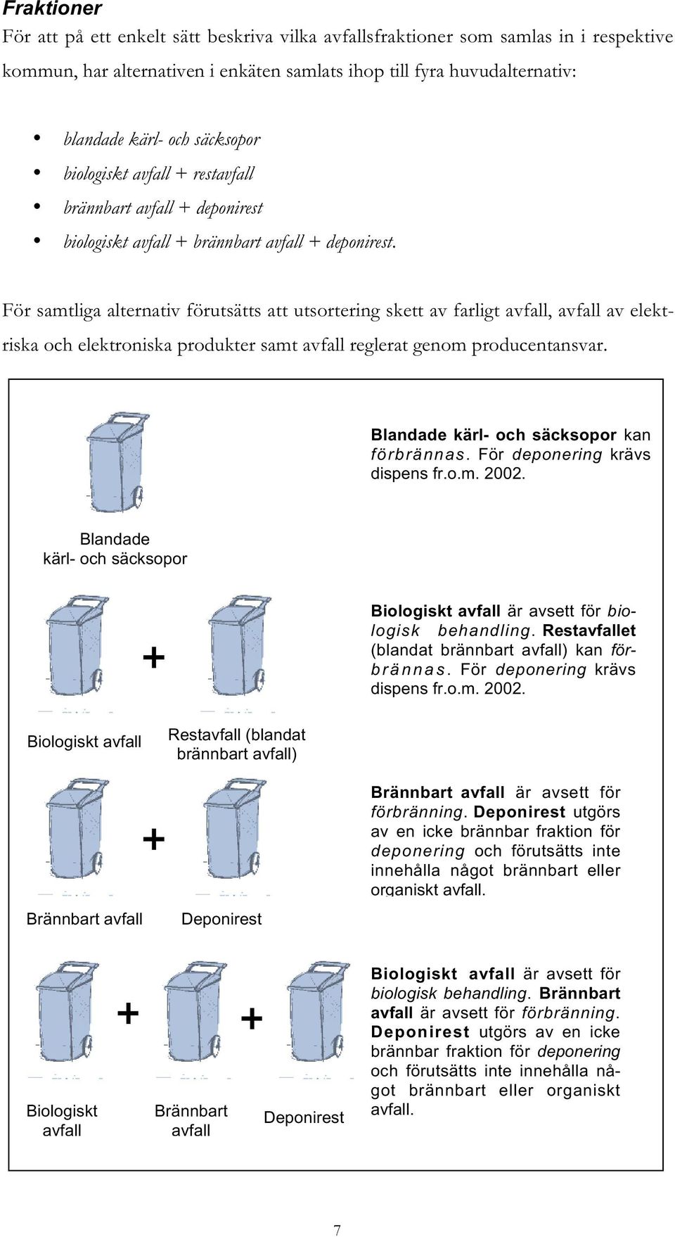 För samtliga alternativ förutsätts att utsortering skett av farligt avfall, avfall av elektriska och elektroniska produkter samt avfall reglerat genom producentansvar.