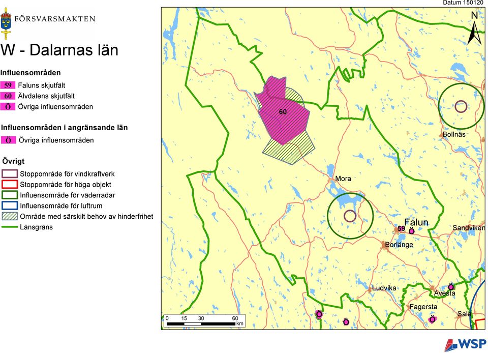 vindkraftverk Stoppområde för höga objekt Influensområde för väderradar Influensområde för luftrum Område med